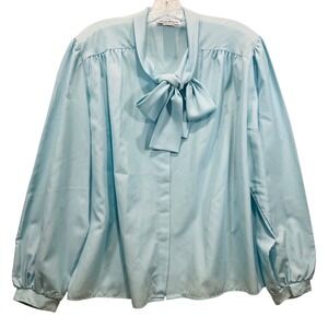 Lucky Winner Vintage Light Blue Pussybow Blouse Tie Neck Bishop Sleeve Size 44